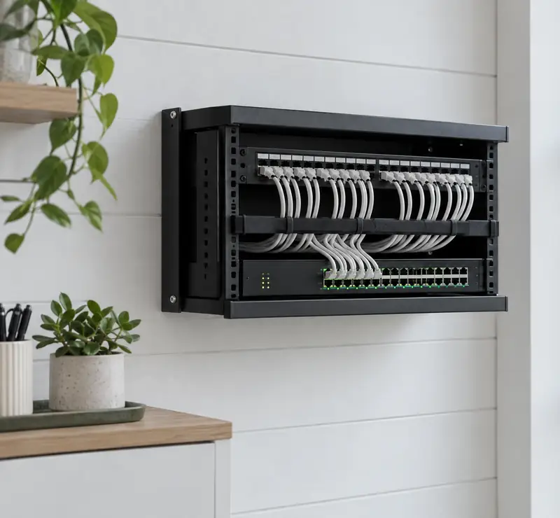 Illustrative photo: a tidy wall-mounted network rack with neatly dressed cables